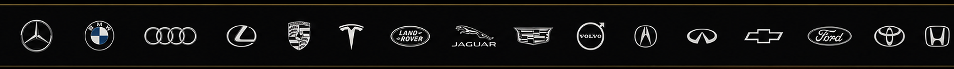 Automotive manufacturer emblems including Mercedes-Benz, BMW, Audi, Lexus, Porsche, Tesla, Land Rover, Jaguar, Cadillac, Volvo, Acura, Infiniti, Chevrolet, Ford, Toyota, and Honda